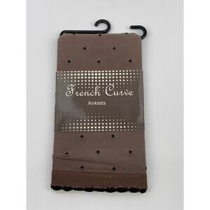 FRENCH CURVE Women’s Brown Micro-Dot Sheer Lettuce-Trim Anklet Socks SZ OS